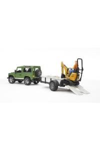 Obrázok pre Bruder - Land Rover Defender s jednonápravovým prívesom JCB Mikrobagger a stavebný robotník