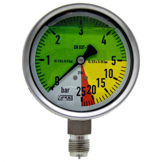 Obrázok pre Glycerinový tlakoměr, manometr Wika přípoj 1/2" spodní průměr 100 mm pro postřikovače 0-25