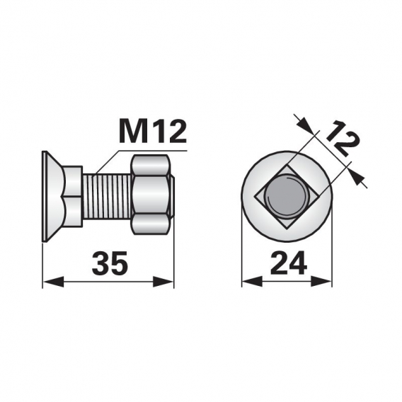 Obrázok pre Pluhový šroub s maticí čtyřhran M12 x 35 mm 10.9 na pluh Ross Roudnice, Kverneland 10 ks