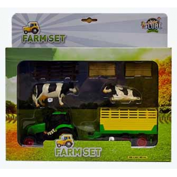 Obrázok pre Kids Globe - farmársky set, traktor s prívesom a kravami, mierka 1:32